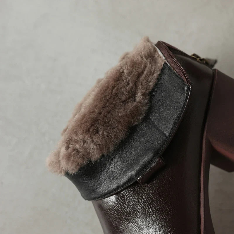 Women's winter leather cowhide warm lamb wool round toe high heels plus