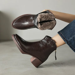 Women's winter leather cowhide warm lamb wool round toe high heels plus
