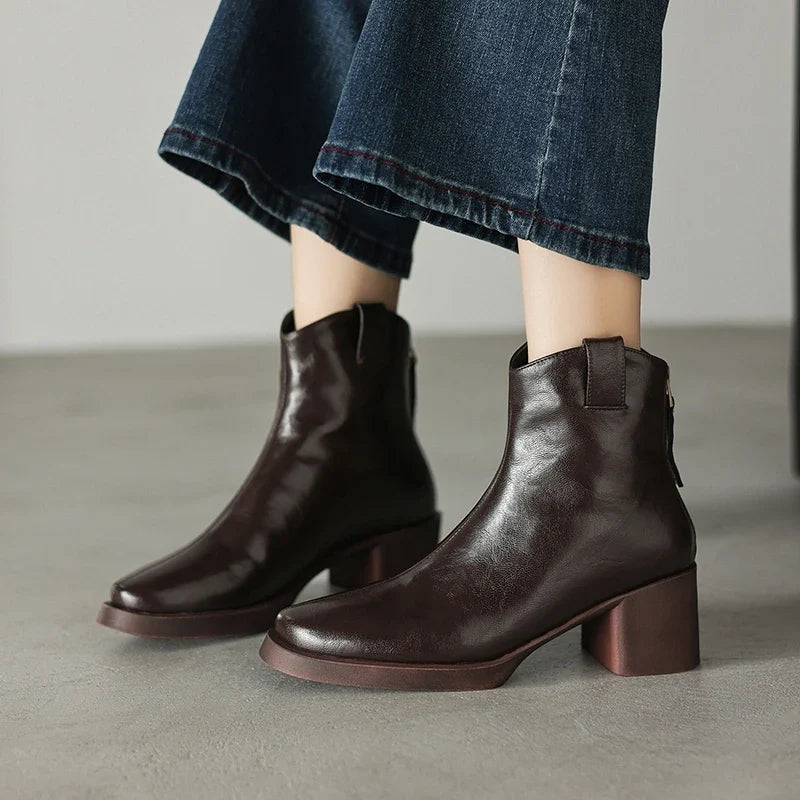 Women's winter leather cowhide warm lamb wool round toe high heels plus