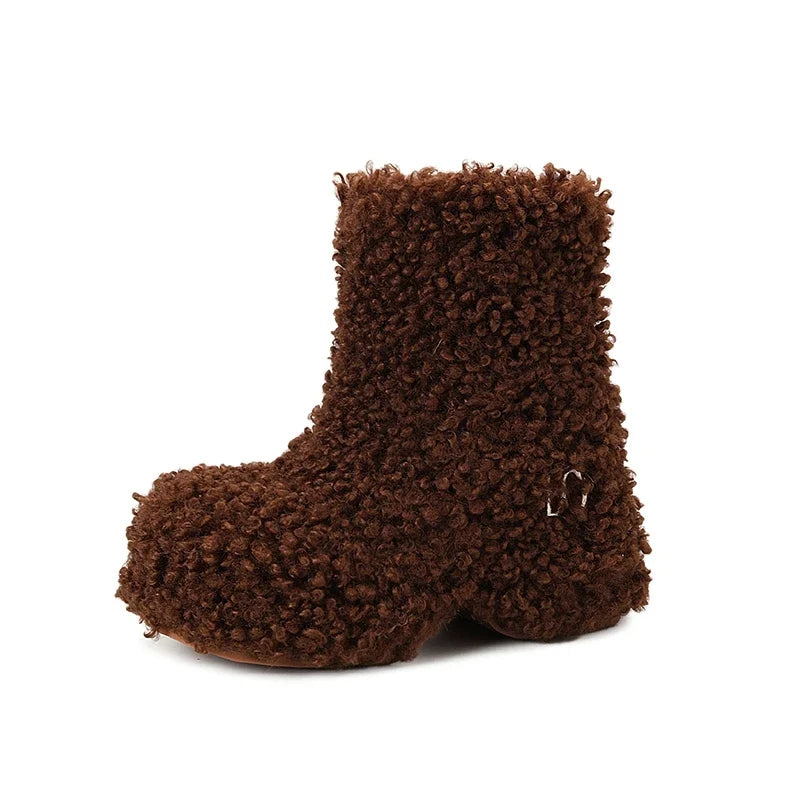 Women's winter leather cowhide warm wool thick soled high heels and calf retro snow Boots