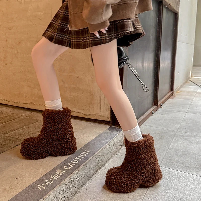 Women's winter leather cowhide warm wool thick soled high heels and calf retro snow Boots