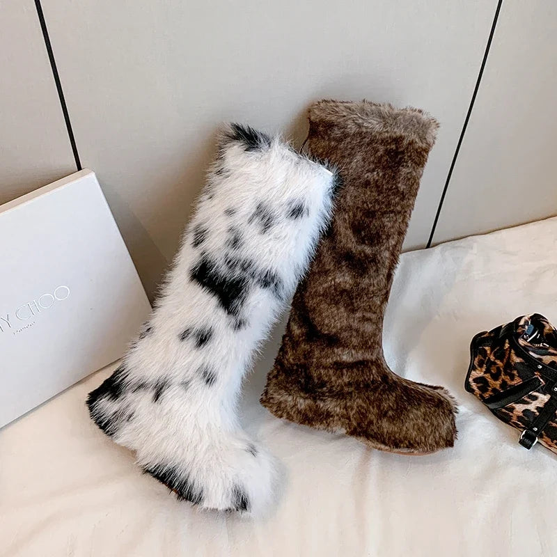 Women's winter leather cowhide warm wool thick soled high heels and knee retro snow boots