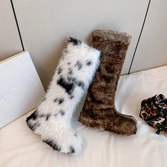 Women's winter leather cowhide warm wool thick soled high heels and knee retro snow boots