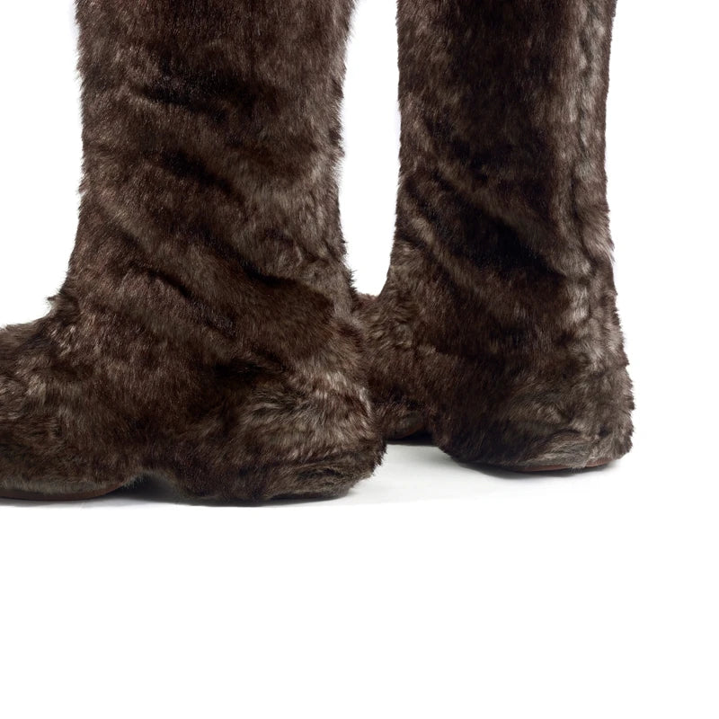 Women's winter leather cowhide warm wool thick soled high heels and knee retro snow boots
