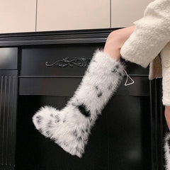 Women's winter leather cowhide warm wool thick soled high heels and knee retro snow boots