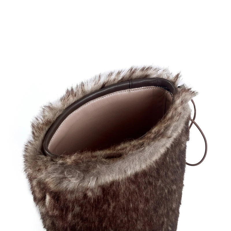Women's winter leather cowhide warm wool thick soled high heels and knee retro snow boots