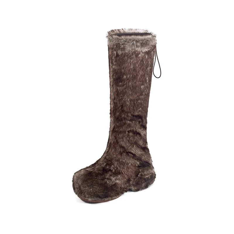 Women's winter leather cowhide warm wool thick soled high heels and knee retro snow boots