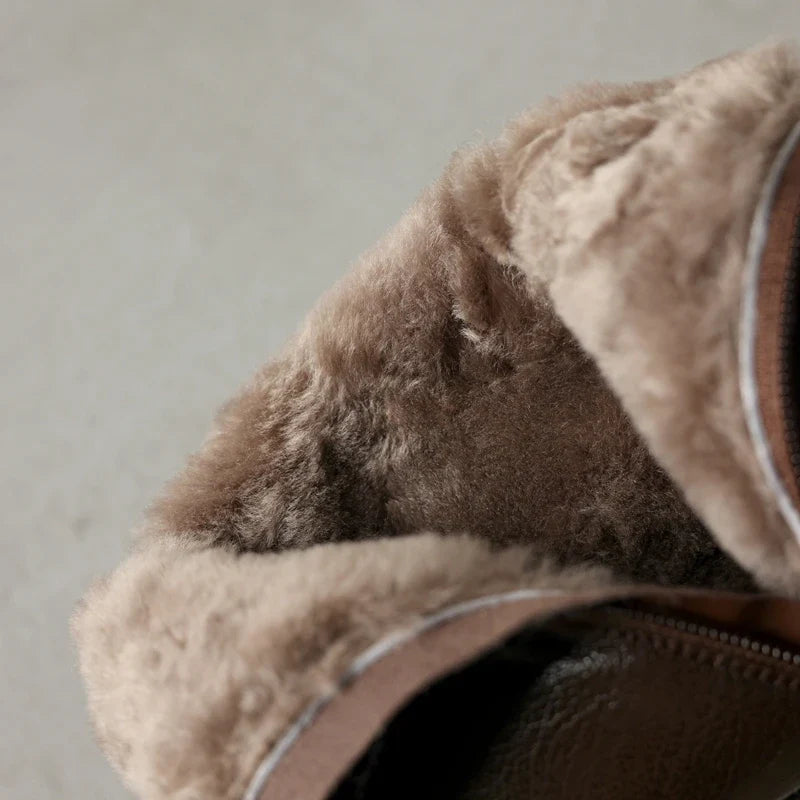 Women's winter leather sheepskin warm lamb wool pointed heel and calf side zipper retro Chelsea short Boots