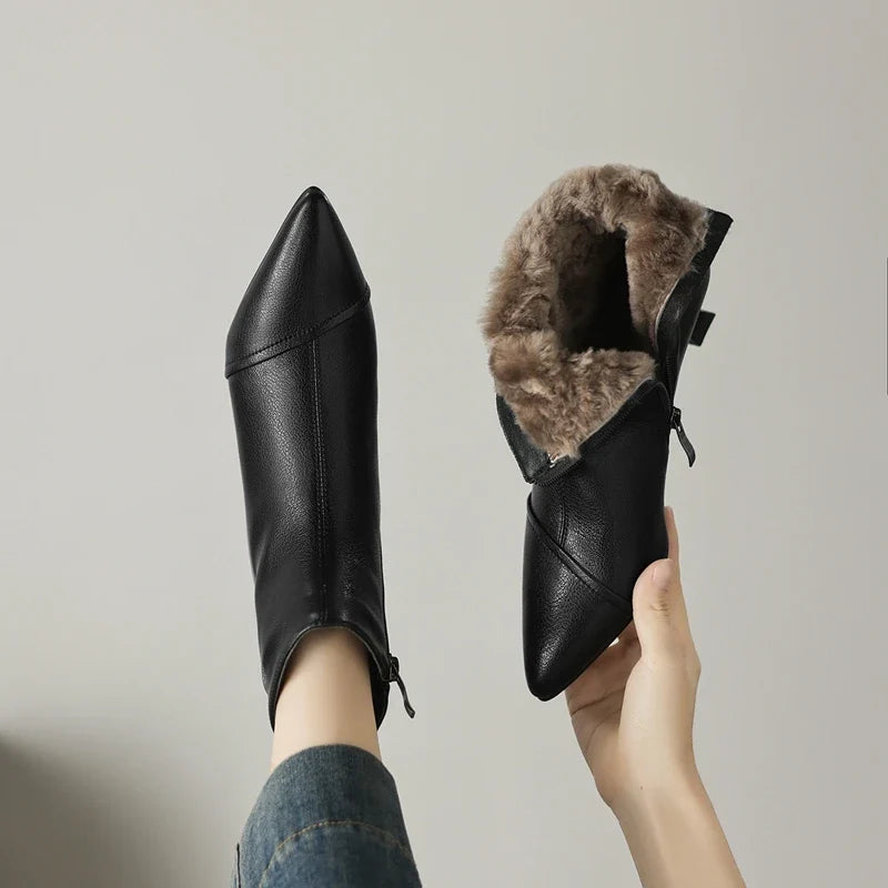 Women's winter leather sheepskin warm lamb wool pointed heel and calf side zipper retro Chelsea short Boots