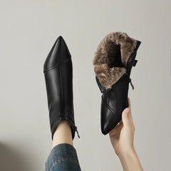 Women's winter leather sheepskin warm lamb wool pointed heel and calf side zipper retro Chelsea short Boots