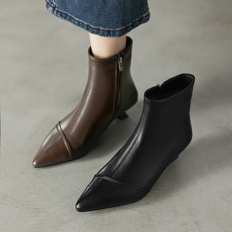 Women's winter leather sheepskin warm lamb wool pointed heel and calf side zipper retro Chelsea short Boots