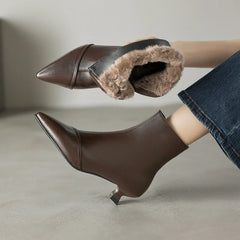Women's winter leather sheepskin warm lamb wool pointed heel and calf side zipper retro Chelsea short Boots