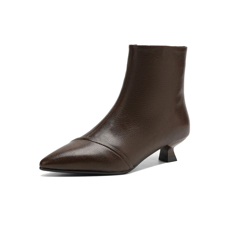 Women's winter leather sheepskin warm lamb wool pointed heel and calf side zipper retro Chelsea short Boots