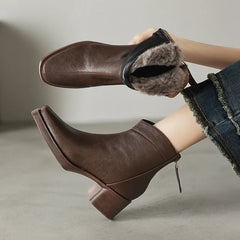 Women's winter warm lambhair leather cowhide high-heeled oversized retro back zipper Chelsea Boots