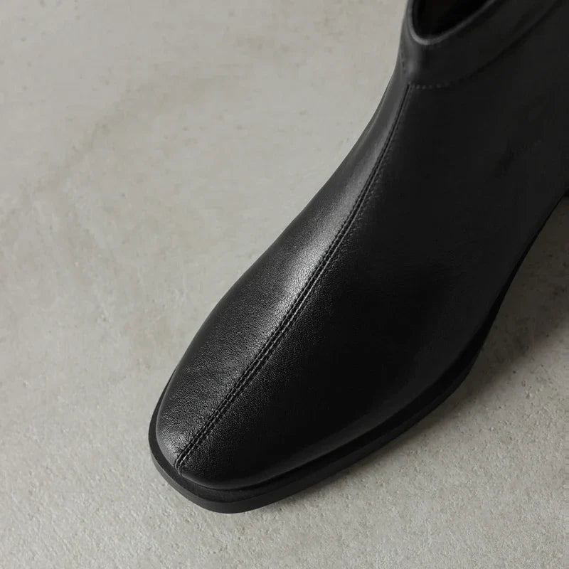 Women's winter warm lambhair leather cowhide high-heeled oversized retro back zipper Chelsea Boots
