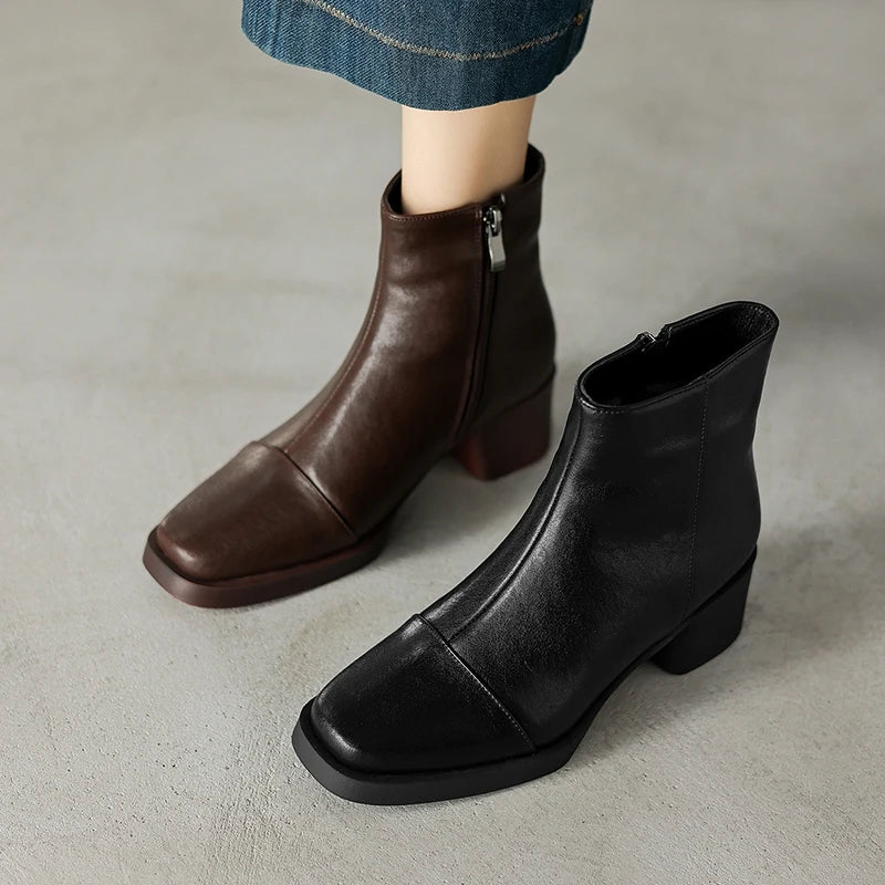 Women's winter warm lambhair leather cowhide high-heeled oversized retro side zipper Chelsea Boots
