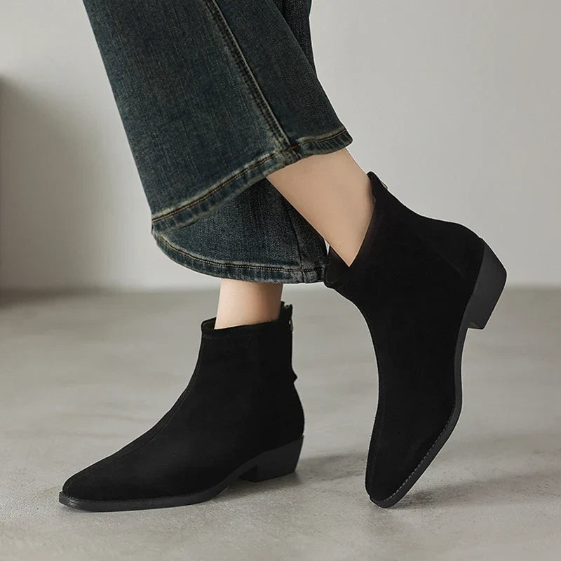 Women's winter warm wool genuine leather cow suede mid heel plus retro back zipper and calf Chelsea short Boots