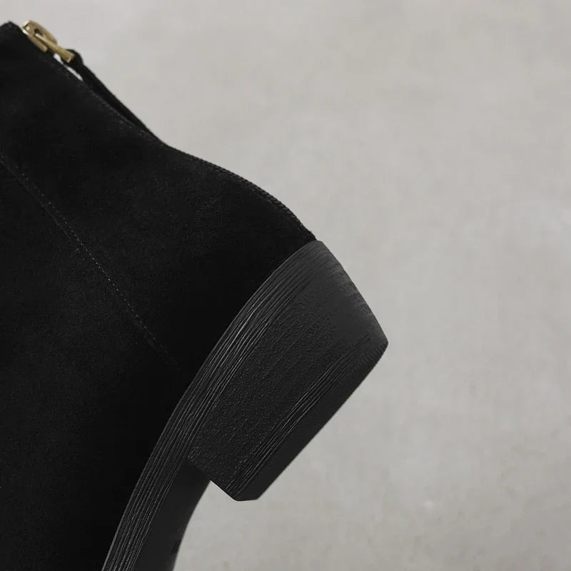 Women's winter warm wool genuine leather cow suede mid heel plus retro back zipper and calf Chelsea short Boots