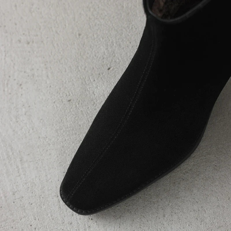Women's winter warm wool genuine leather cow suede mid heel plus retro back zipper and calf Chelsea short Boots