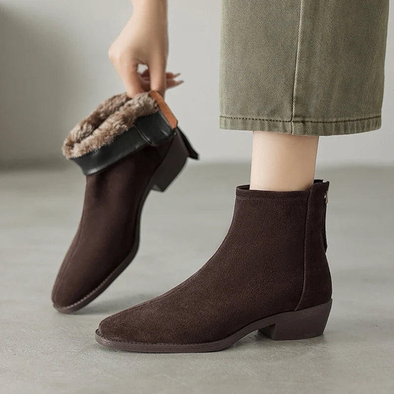 Women's winter warm wool genuine leather cow suede mid heel plus retro back zipper and calf Chelsea short Boots
