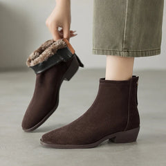 Women's winter warm wool genuine leather cow suede mid heel plus retro back zipper and calf Chelsea short Boots