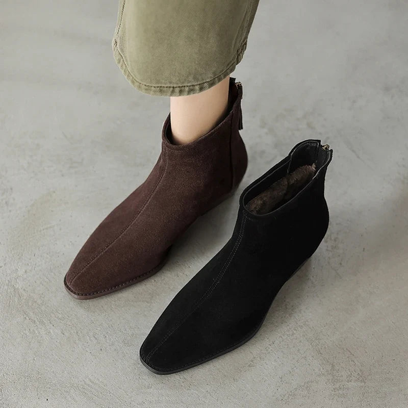Women's winter warm wool genuine leather cow suede mid heel plus retro back zipper and calf Chelsea short Boots