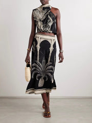 Satin Palm Tree Print Top & Midi Skirt Set