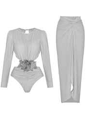 Silver Glossy Long Sleeve One-Piece Swimsuit