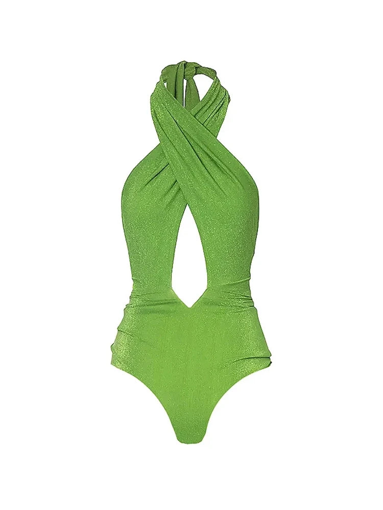 Sparkling Fabric Halter Neck Swimsuit Set