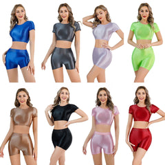 Oil Shiny Sexy Croptop With Shorts