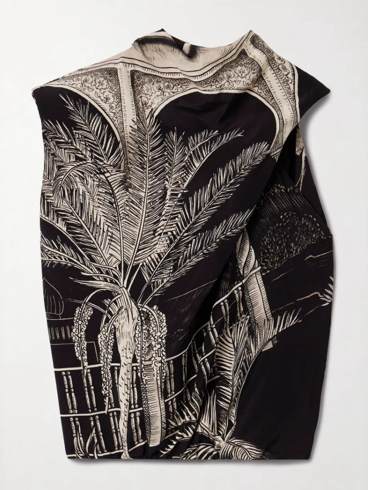 Satin Palm Tree Print Top & Midi Skirt Set