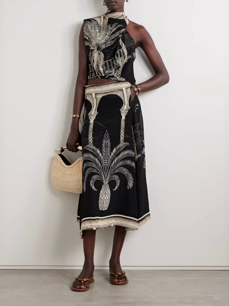 Satin Palm Tree Print Top & Midi Skirt Set