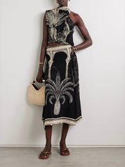 Satin Palm Tree Print Top & Midi Skirt Set