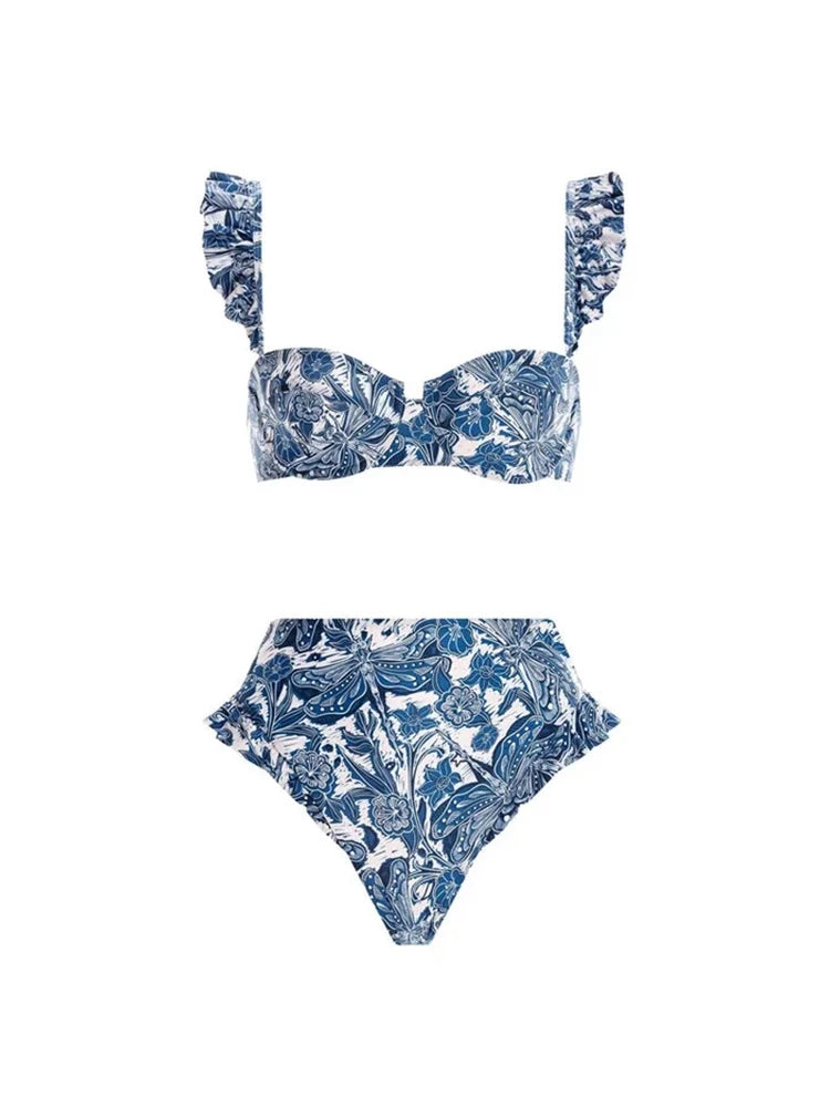 Blue Dragonfly Ruffle Skirt Swimsuit Set