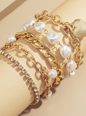 Metal Chain and Pearl Layered Bracelet Set