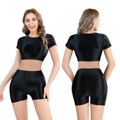 Oil Shiny Sexy Croptop With Shorts