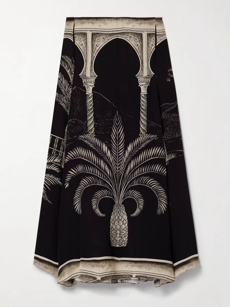Satin Palm Tree Print Top & Midi Skirt Set