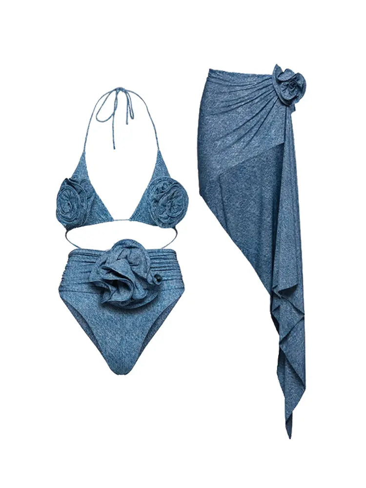 3D Floral Halter Bikini Set