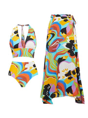 Deep V Halter Neck Print Swimsuit Set