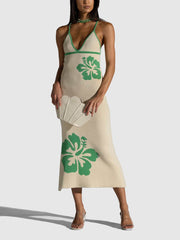 Knitted Suspender Halterneck V-Neck Backless Midi Dress