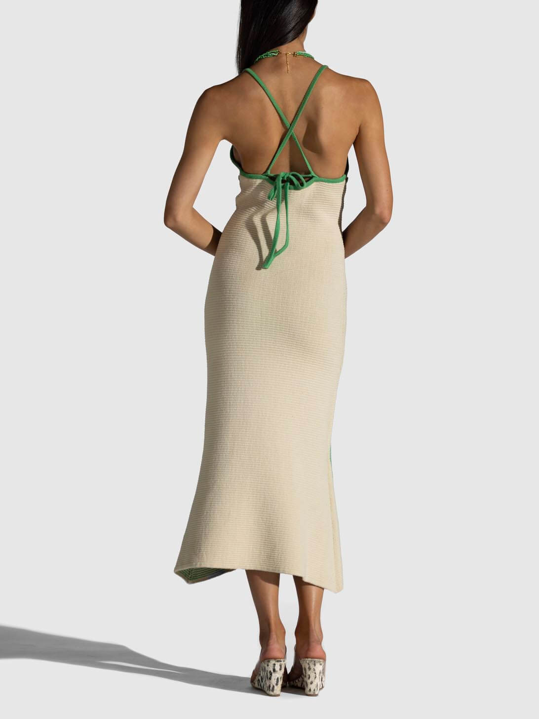 Knitted Suspender Halterneck V-Neck Backless Midi Dress