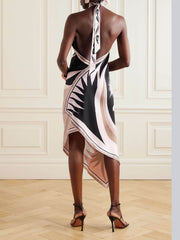 Open Back Abstract Print Midi Dress